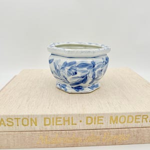 Op de afbeelding: Een kleine, zeshoekige keramische plantenpot met een witte basis en handgeschilderde blauwe bloem- en rankmotieven. De pot heeft een uitlopende rand en een taps toelopende voet, voorzien van een delicaat patroon van bladeren en bloesems.