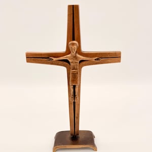 Modern Bronze Crucifix Vintage Cross for Home Altar or Table Modernist Retro Tabletop Crucifix Evangelical Cross with Jesus Figure