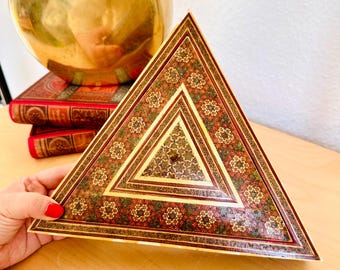 Vintage Khatam Kari Jewelry Box with Mother-of-Pearl Inlay Artistic Persian Triangular Box 1940s–1950s Oriental Artful Jewelry Case