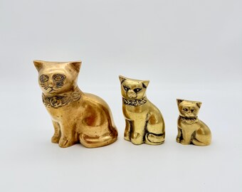 Vintage Brass Cats Set of 3 1960s Gold Cat Figurines Boho Decor