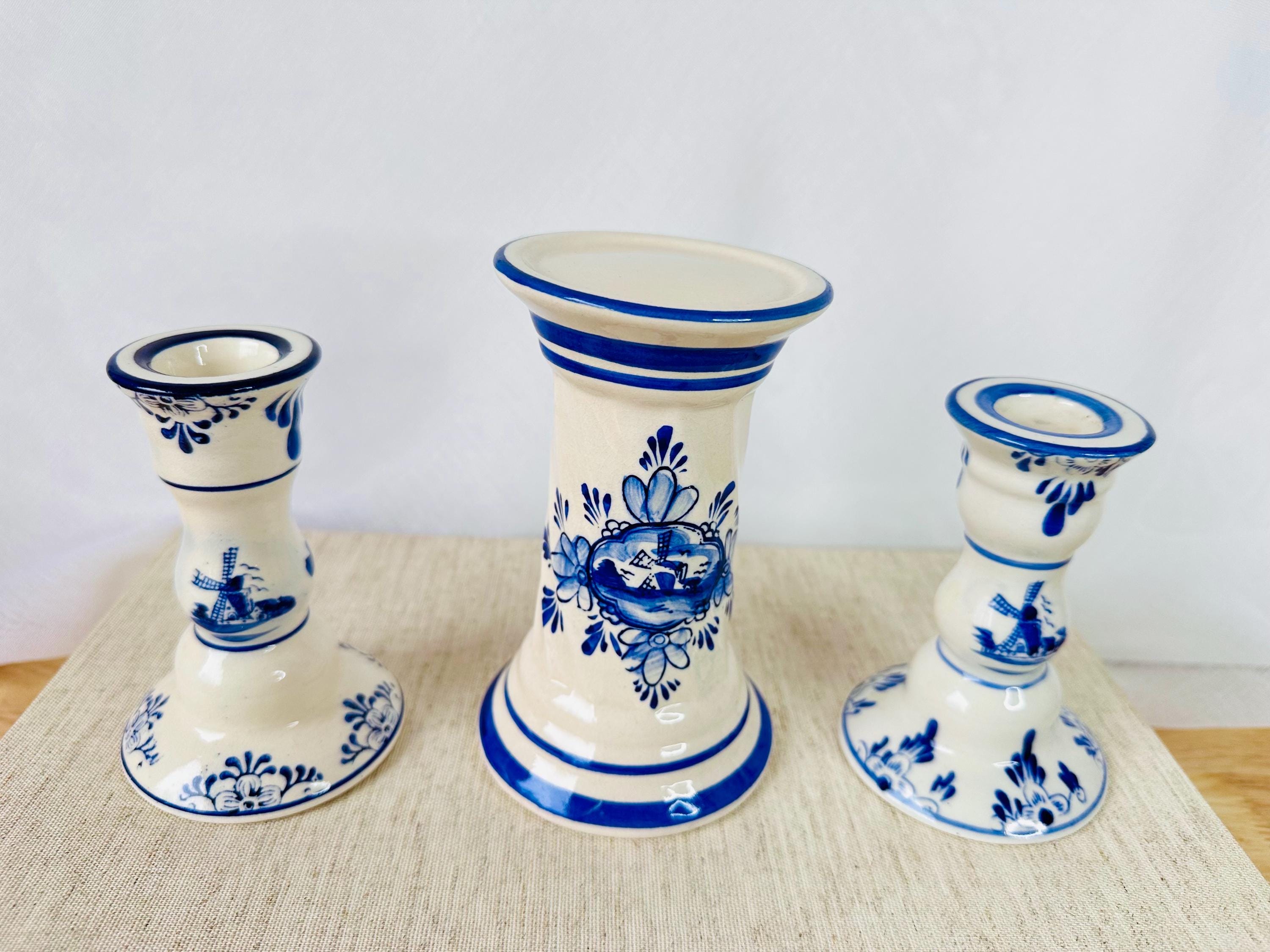 Classic Blue-white Vintage Candle Holders | Set of 3 Retro Delft