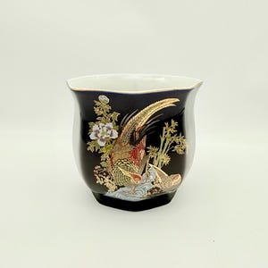 Vintage Cobalt Blue Chinoiserie Planter Porcelain Cachepot with Bird Floral Gold Decor
