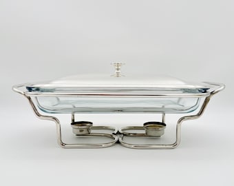 Vintage Marinex Chafing Dish 1970s Silver Plated Food Warmer Glass Casserole Serving Dish Mid Century Buffet