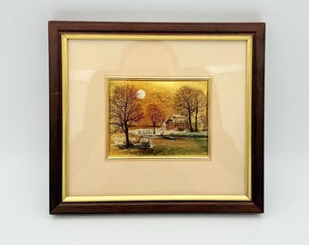Vintage landschapsfoto, gouden lijst, kleine wanddecoratie, retro landhuisfoto, gouden opdruk