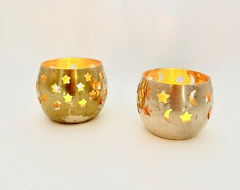 Vintage Brass Tealight Holders Set of 2 Moon Star Christmas Decor
