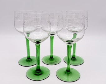 Copas de vino de cristal vintage, juego de 5, con tallo verde, copas romanas talladas.