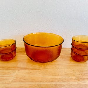 Amber Vintage Glass Bowl Set - 6 Pieces | Retro Serving Bowls for Fall | Retro Boho Style Frosted Glass | 1970s glassware | Fall decor bowls