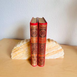 May include: Two vintage books with red spines and ornate gold detailing stand upright, supported by a decorative, cream-colored, shell-shaped bookend. The books have gold lettering and are set on a light wood surface.