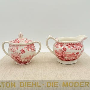 Vintage Milk Jug and Sugar Bowl from England Wood & Sons, Burslem Staffordshire Red Retro Tea Tableware Cottagecore Country Style Ironstone