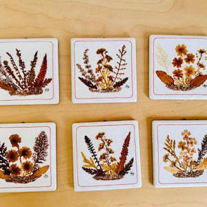 Vintage Wall Tile Set with Autumn Leaves – Artistic Ceramic Boho Style Wall Décor | Artistic Ceramic Décor | Set of 6 | Nature-Inspired Tile