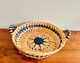 Vintage Wicker Basket with Blue and White Ceramic Handles | Retro Bread Basket | Farmhouse Rattan Basket | Decorative Round Easter Basket