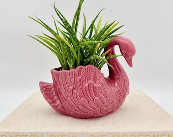 Vintage Swan Planter Burgundy Ceramic Flower Pot Cottage Decor