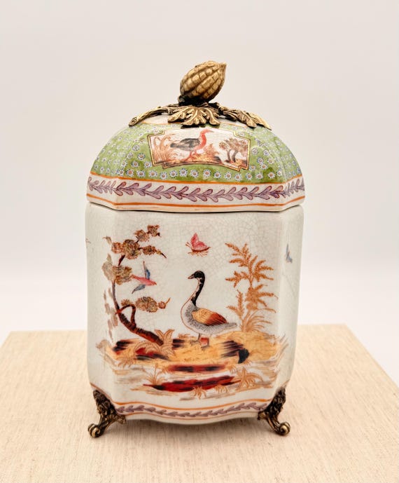 Vintage Porcelain Jar With Brass Accents Wong Lee 1895 Decorative