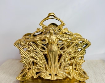 Golden Letter Holder Art Nouveau Brass Napkin Holder Vintage Desk Organizer Antique Nymph Lady Decor  1920s Holder Floral Letter organizer