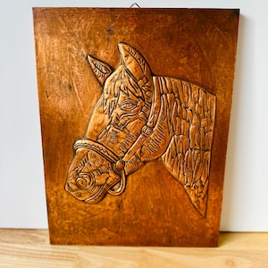 Vintage koperen schilderij paard voor aan de muur | Retro paardenhoofd kopergravure wanddecoratie | Cadeau voor ruiters | Koperkunst | boerderij decor