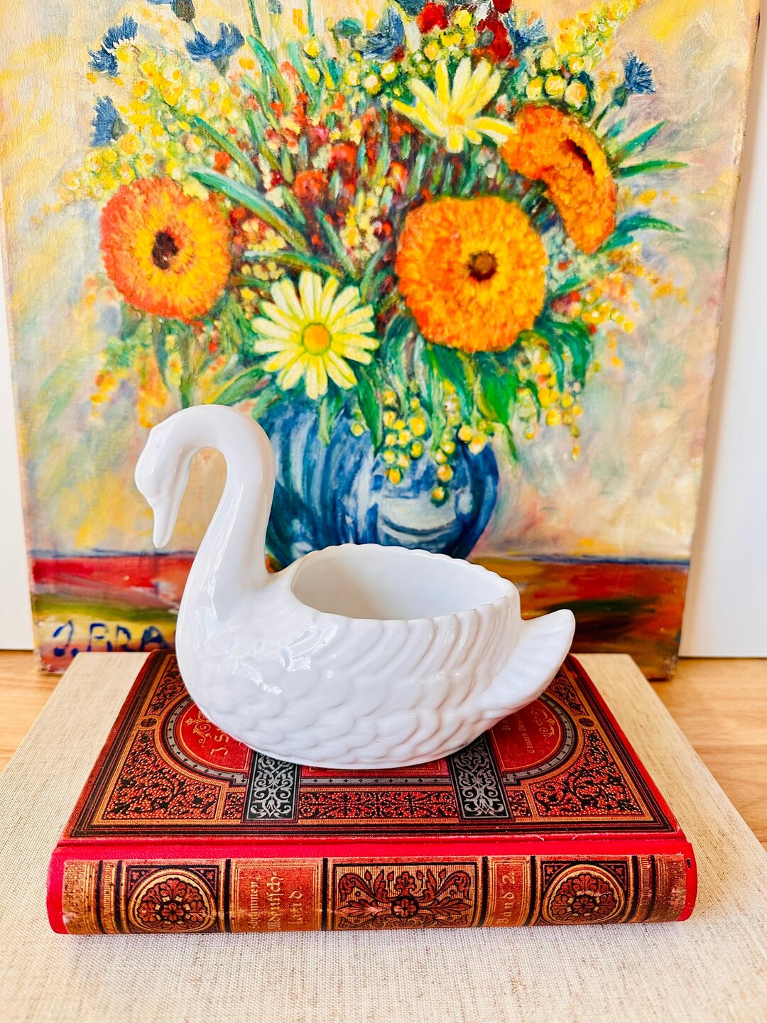 白鳥　スワン　陶器　置物　プランター　アンティーク　ヴィンテージ ヴィンテージ セラミック スワン 花瓶 プランター：White Goose Decor