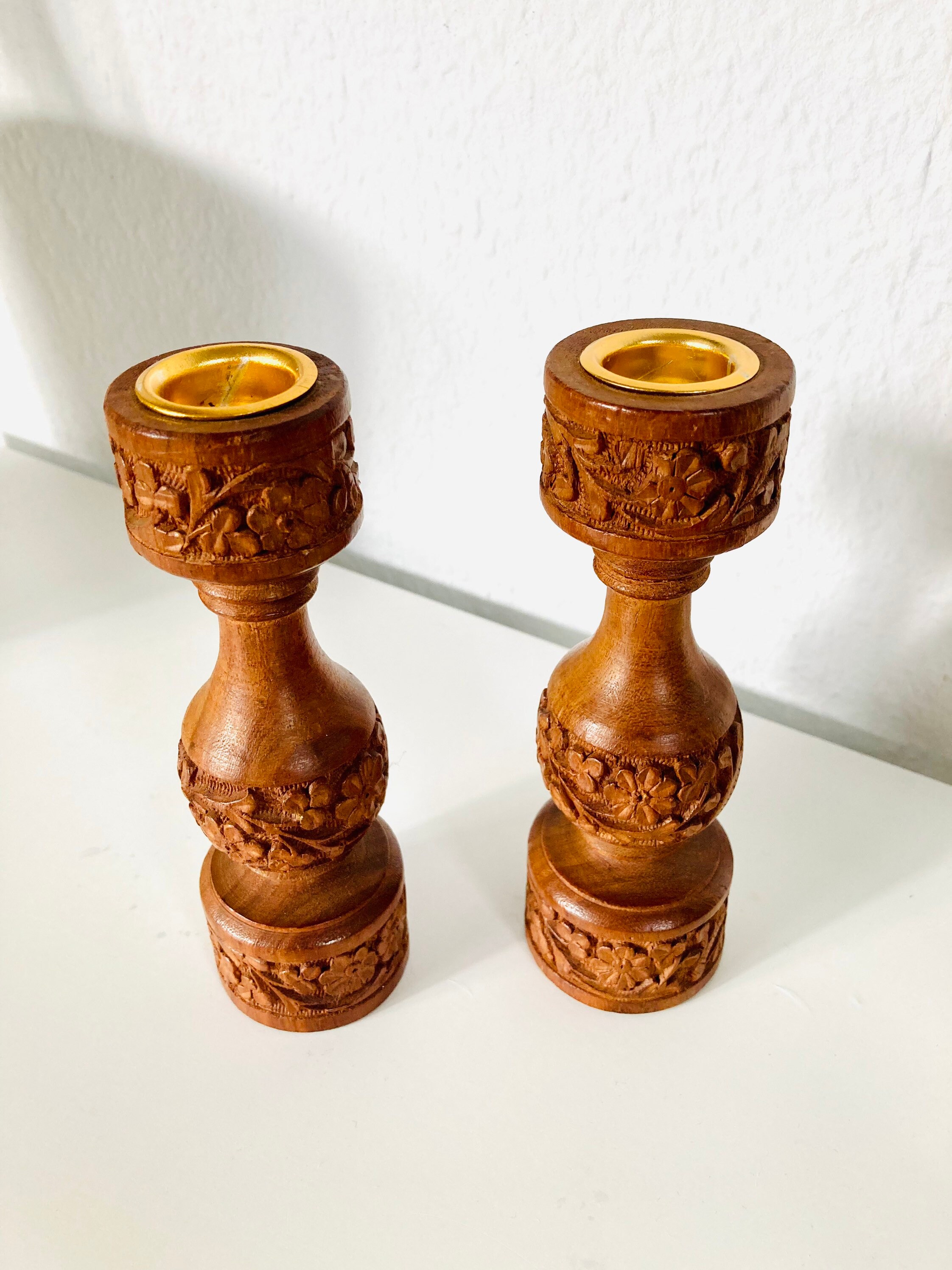 ヴィンテージチーク材キャンドルホルダー、2個セット、ボヘミアン風