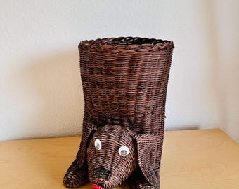 Vintage Rattan Dog Basket / Dachshund | Boho Planter, Laundry Basket or Toy Storage | Boho Rattan Basket | Rattan Dog | Gift for Dog Lover