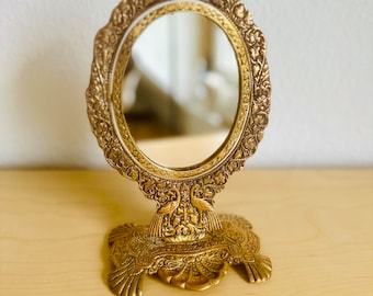 Antique Baroque Brass Table Mirror for Vanity Table | Golden Vintage Table Mirror | Retro Victorian Style Mirror | Antique Boudoir Mirror