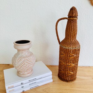 Vintage Rattan Bottle | Boho Style Wicker-Wrapped Glass Bottle | Decorative Retro Carafe with Basket Weave | Natural Home Decor