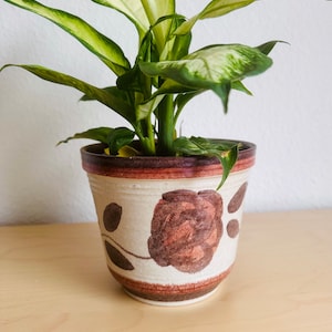 May include: A houseplant in a decorative ceramic pot. The pot is beige with a brown floral design and a brown rim. The plant has green and white leaves. The pot sits on a light wood surface.