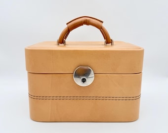 Vintage Train Case 1970s Camel Beauty Case Retro Vanity Case with Mirror Key Mid Century Travel Makeup Case Vintage Luggage