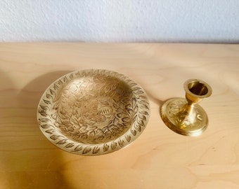 Chiseled vintage brass set of bowls and candle holders