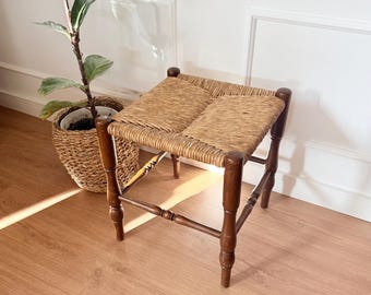 Vintage Seegras Hocker Holz 50er 60er Geflochtener Cottagecore Farmhaus Boho Blumenhocker