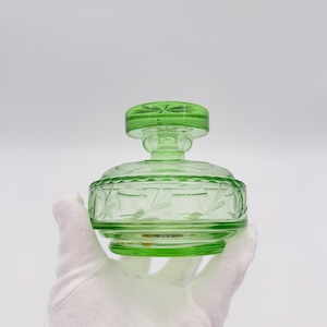 Könnte beinhalten: Ein hellgrünes Glasgefäß mit passendem Deckel, das eine kreisförmige Silhouette und ein dekoratives geätztes Muster aus Blättern und Stielen um die Mitte aufweist. Das Glas ist durchscheinend und glatt, mit einer flachen Oberseite am Deckel.