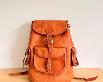 Vintage Leather Backpack 1990s Used Look Cognac Soft Unisex Bag Retro Style Travel Rucksack Distressed Backpack grunge Style