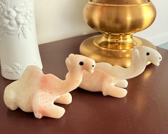 Vintage Onyx Camel Figurines Set of 2 1960s 1970s Natural Stone Mid Century Egyptian Decor Marble Camel Figures