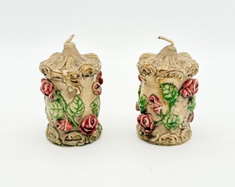 Bougies baroques vintage, lot de 2 avec roses, bougies artisanales en stéarine, décoration de maison de campagne rétro, années 1970