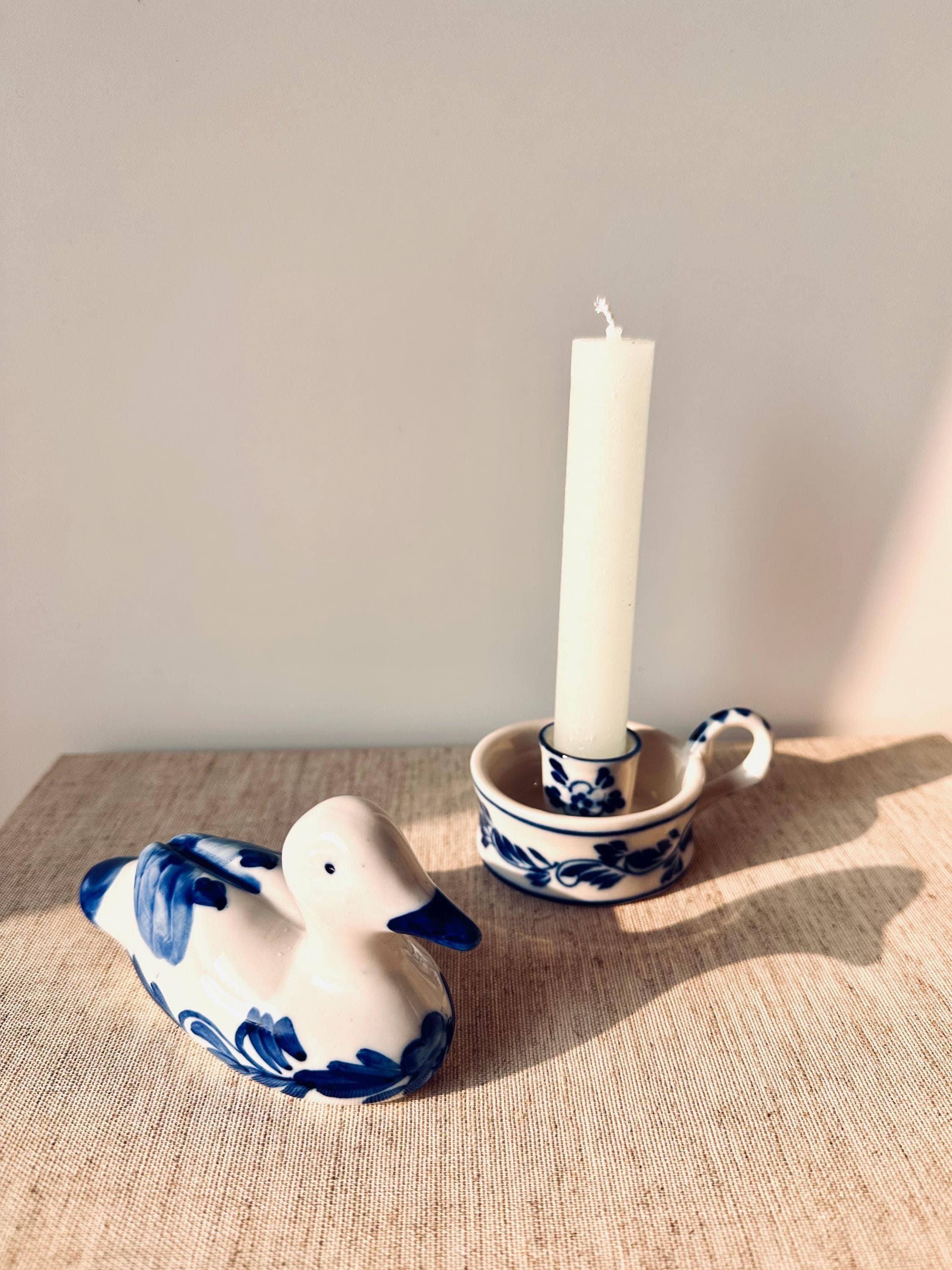 Vintage Delft Set: Duck Figurine and Small Candle Holder | Retro Blue & White Porcelain | Spring Decoration | Rustic Farmhouse Decor