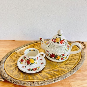 Bandeja grande de latón Decoración Art Nouveau vintage única Bandeja para servir XXL dorada Magnífica bandeja victoriana ornamentada