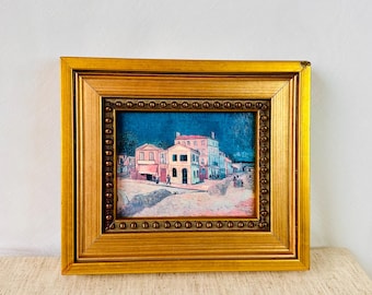 Ingelijste vintage print in een gouden houten lijst | Decoratieve retro scène in pastelkleuren | Klassieke wanddecoratie met een Mediterraans motief