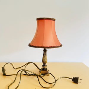Pu&ograve; includere: Una lampada da tavolo vintage con un paralume color pesca e una base decorativa in bronzo. Il paralume &egrave; rifinito con un bordo decorativo marrone scuro. La lampada ha un lungo cavo di alimentazione verde con una spina a due poli.