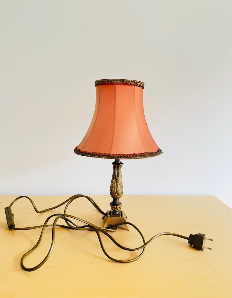 Pu&ograve; includere: Una lampada da tavolo vintage con un paralume color pesca e una base decorativa in bronzo. Il paralume &egrave; rifinito con un bordo decorativo marrone scuro. La lampada ha un lungo cavo di alimentazione verde con una spina a due poli.