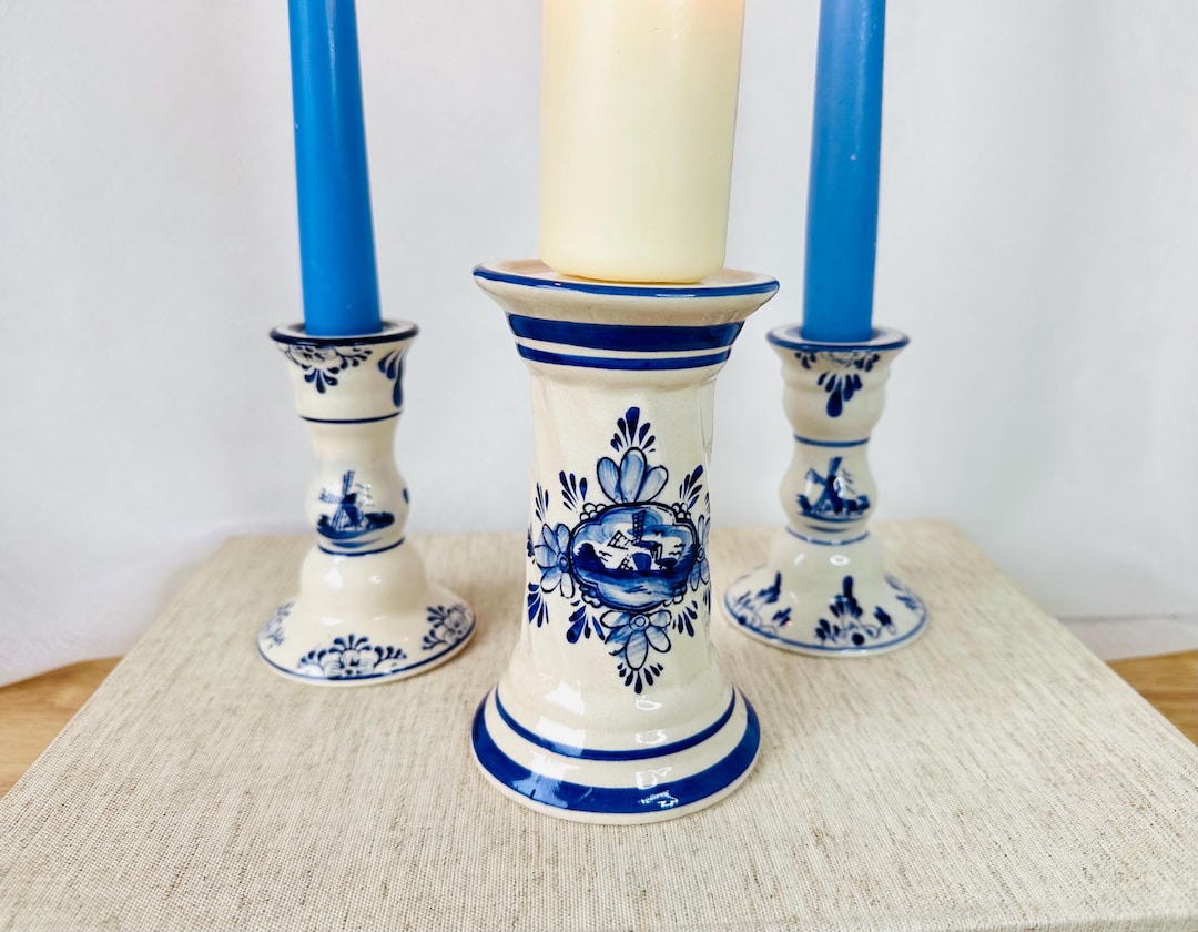 Classic Blue-white Vintage Candle Holders | Set of 3 Retro Delft