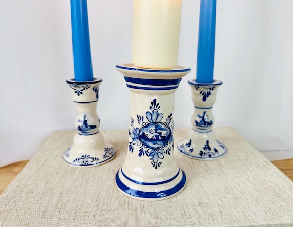クラシックなブルーとホワイトのヴィンテージキャンドルホルダー（3個
