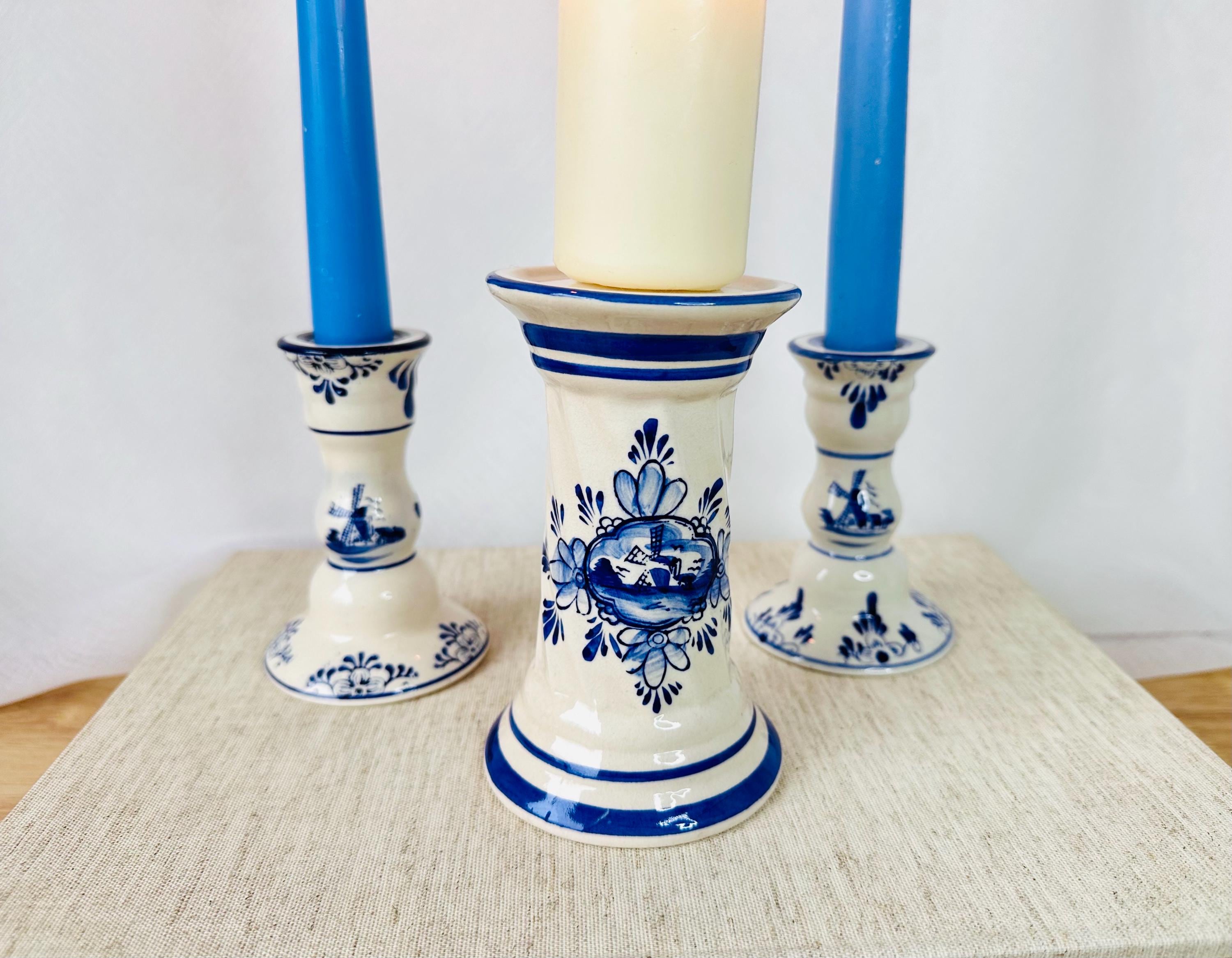 Classic Blue-white Vintage Candle Holders | Set of 3 Retro Delft