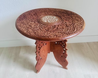 Vintage Indian Teak Side Table 1970s Hand Carved Wood Table Boho Inlay Accent Table Traditional Indian Furniture
