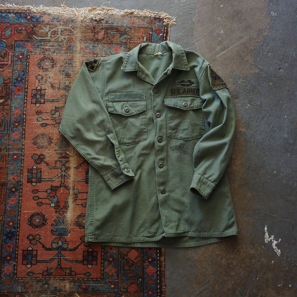 1960s OG-107 Men's US Military Shirt | vintage 60s og-107 patched shirt | vintage og-107 cotton sateen Vietnam US army fatigue shirt