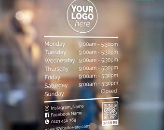 Custom Business Logo Opening Hours Sticker: QR Code Window Decal