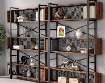 Large Bookshelf,Rustic Wood Bookcase with Metal Racks , Industrial Bookcase, Etagere Bookcase,Object Display and Library Unit