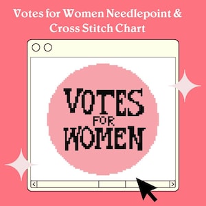 May include: A pink circle with the text "VOTES FOR WOMEN" in black pixelated letters. The circle is displayed on a computer screen with a white background and a blue mouse cursor.