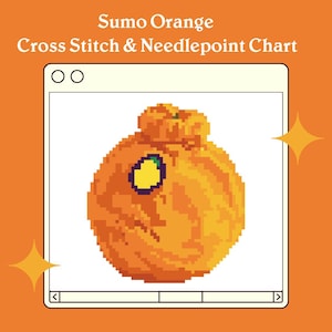 May include: A pixel art cross stitch and needlepoint chart of a sumo orange. The orange is a bright orange colour with a green stem and a small yellow leaf. The chart is in a white frame with a light blue border.