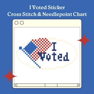 以下が含まれることがあります： I Voted Sticker Cross Stitch & Needlepoint Chartというタイトルのクロスステッチおよびニードルポイントの図案。赤と白の市松模様の旗と青い文字が楕円の中に描かれたピクセル化されたI Votedステッカーのグラフィックが、ウィンドウインターフェースの枠内にデザインされています。