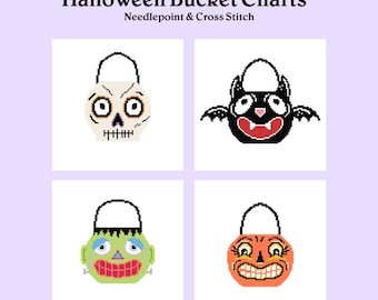 May include: Four Halloween bucket charts for needlepoint and cross stitch. The charts feature a skull, a bat, a Frankenstein monster, and a pumpkin.