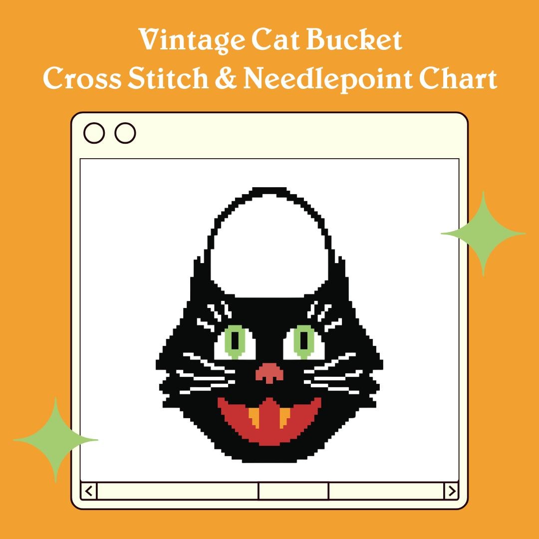 Vintage Halloween Cat Bucket Needlepoint Chart & Cross Stitch Pattern | DIGITAL DOWNLOAD ONLY—not a physical product