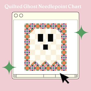 Op de afbeelding: Een computerscherm met een naaldpuntdiagram van een gestikte geest met een geruit patroon en een kleurrijke rand. De geest heeft twee zwarte ogen en een zwarte mond.